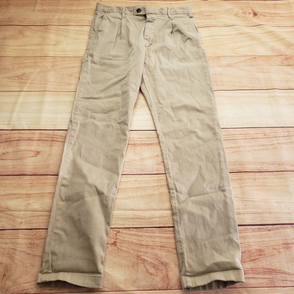 Closed Pleated Chino Pants Mens 31 Tan Khaki Italian Fabric Straight‎ Leg C32260
